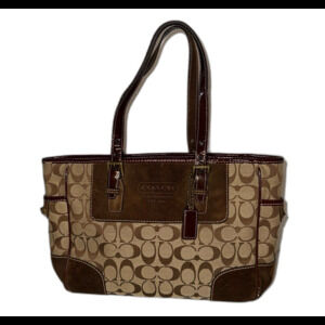 Coach Brown Signature Canvas Shoulder Bag with Dark Brown Leather Trim